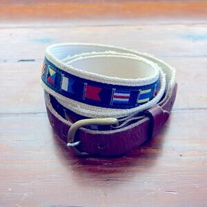 Webbing nautical flag leather detail brass buckle belt sz 40